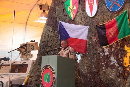 Colonel Josef Kopecky, commander of 10th unit, addresses soldiers and guests