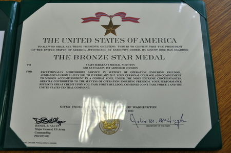 The Bronze Star Medal certificate for Staff Sergeant Michal Novotny 