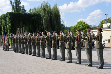 Unit of the Honor Guard of the Czech Armed Forces fire three volleys from their rifles