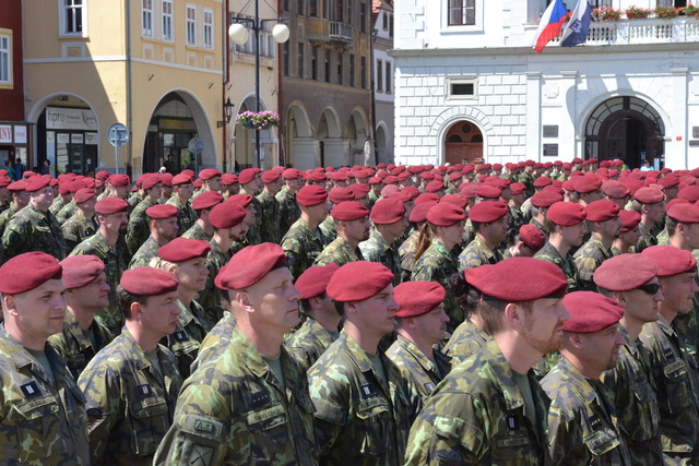 Vojáci 4. brigády rychlého nasazení při slavnostním nástupu na náměstí Svobody v Žatci