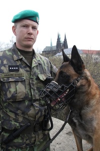 Psovod Hradní stráže rotný Tomáš Novák a belgický ovčák Coudy
