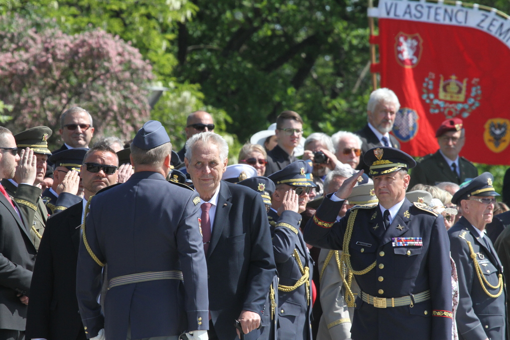 President of the Czech Republic and Supreme Commander of the Czech Armed Forces Milos Zeman receiving a welcome address from the Commander of the line infantry, Colonel Milan Virt
