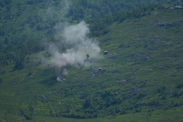 Střelnice Poček po zásahu z letounu L-159