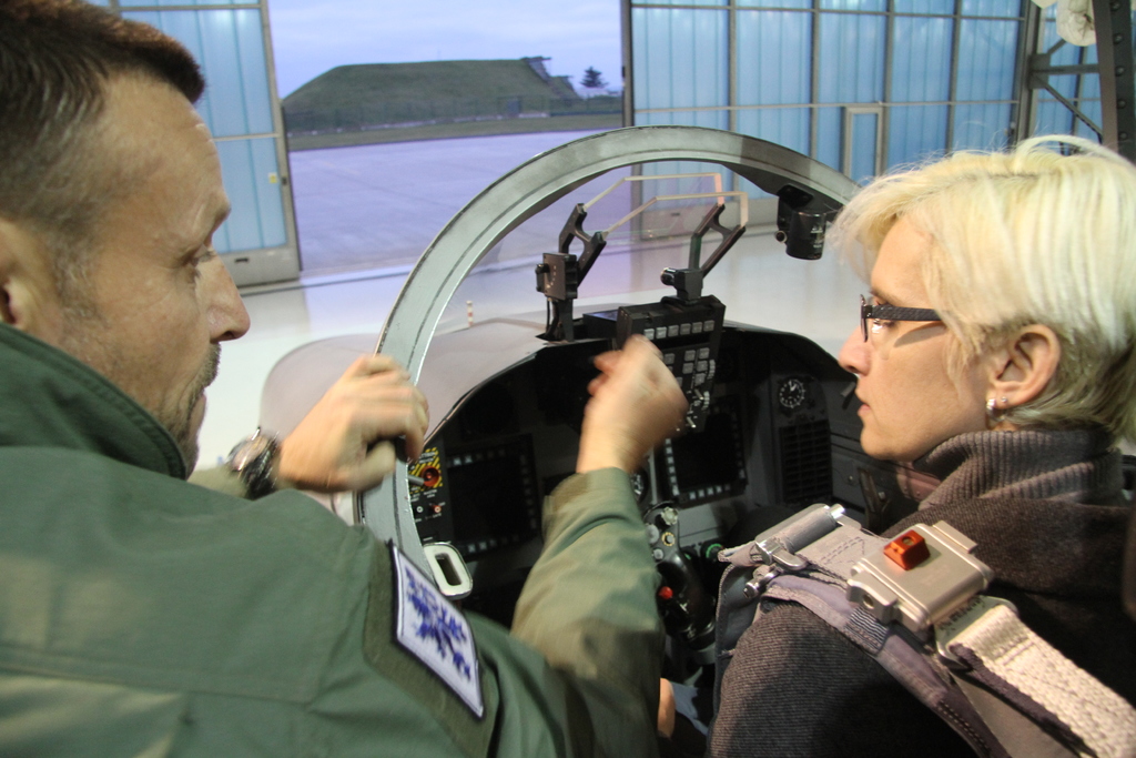 Minister Slechtova in the pilot seat of the L-159 aircraft