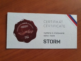 Certifikát vydaný k číslované edici nože