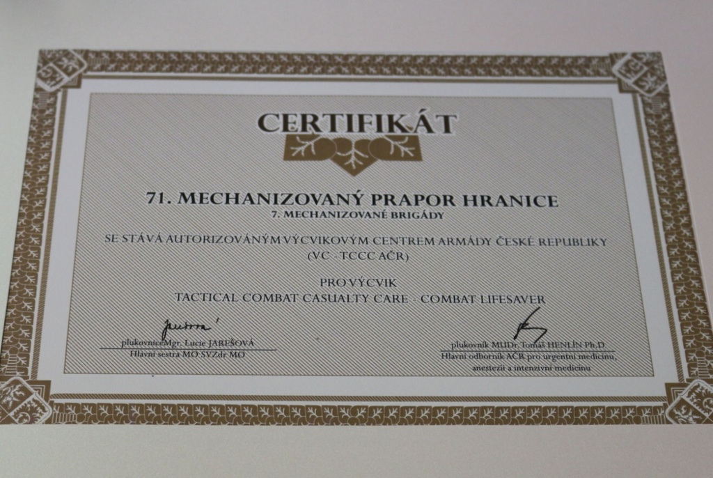 Certifikát visí na čestném místě