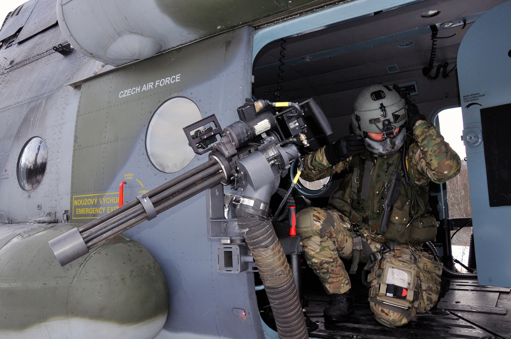 A door gunner with his M134D-H Minigun machine gun