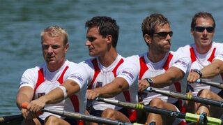 David Jirka jako člen párové čtyřky během olympijského závodu.