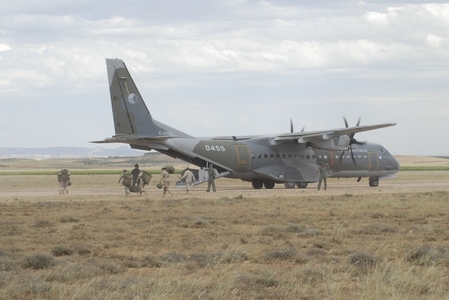CASA C-295M takes paratroopers from an airstrip