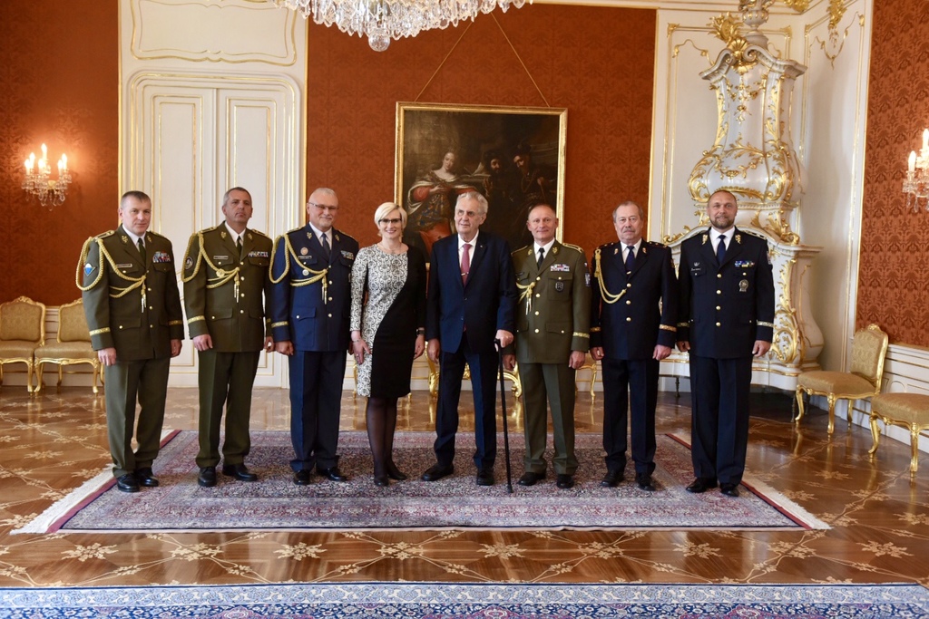 Minister Slechtova and President Zeman with the newly appointed Generals at Prague Castle