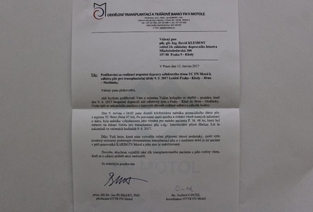 Děkovný dopis přednosty Oddělení transplantací a tkáňové banky FN Motol