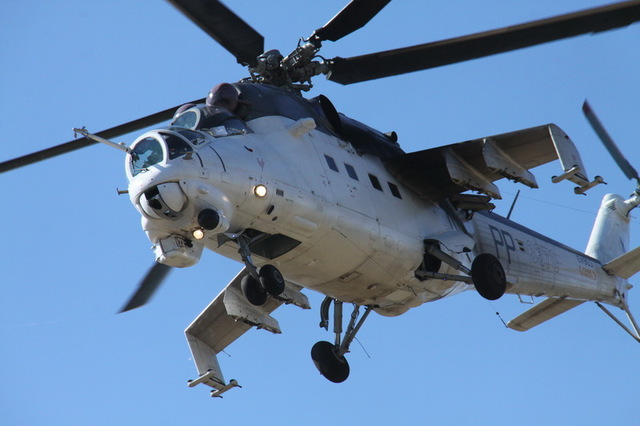 Multiple aerial demonstrations of the Mil Mi-24 opened the 14th Tank Day