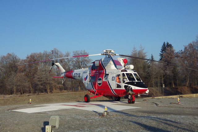 Sokol na heliportu nemocnice v Českých Budějovicích