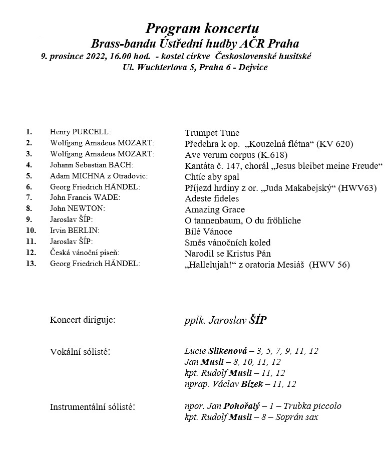 Program koncertu Brass Bandu ÚH AČR 9. 12.2022